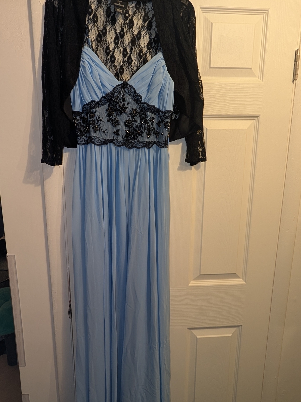 Nina Leonard Light Blue Formal Prom Evening Maxi Dress with Black Lace Bodice